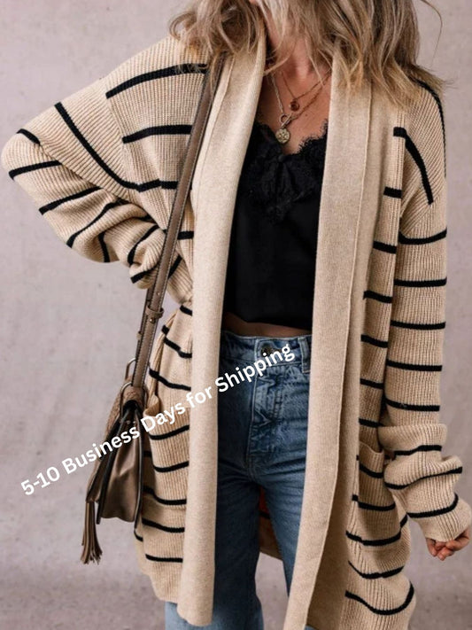 Striped Open Front Long Sleeve Cardigan