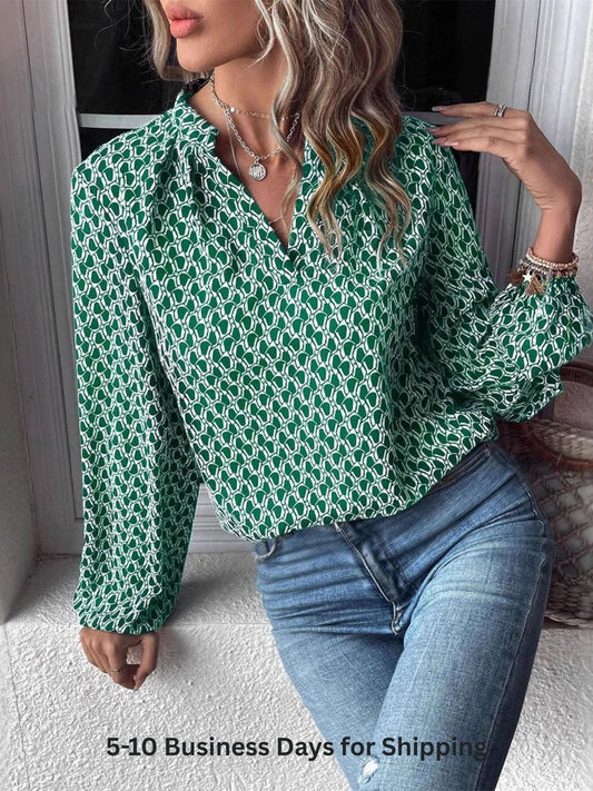 Printed Notched Long Sleeve Blouse