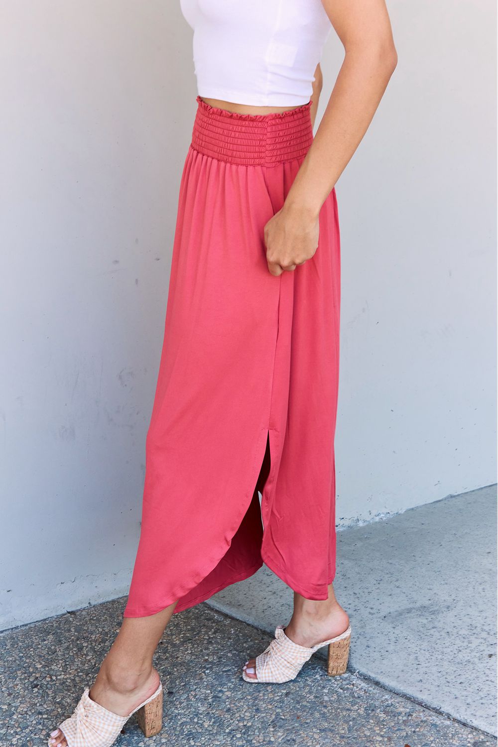 Doublju Comfort Princess Full Size High Waist Scoop Hem Maxi Skirt in Hot Pink