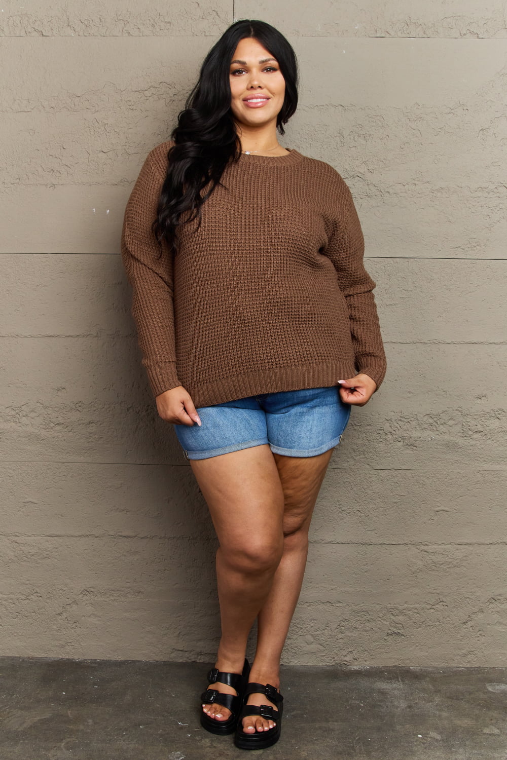 Zenana Breezy Days Plus Size High Low Waffle Knit Sweater