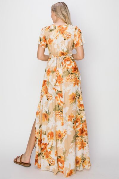 HYFVE Floral Tie Back Short Sleeve Slit Maxi Dress